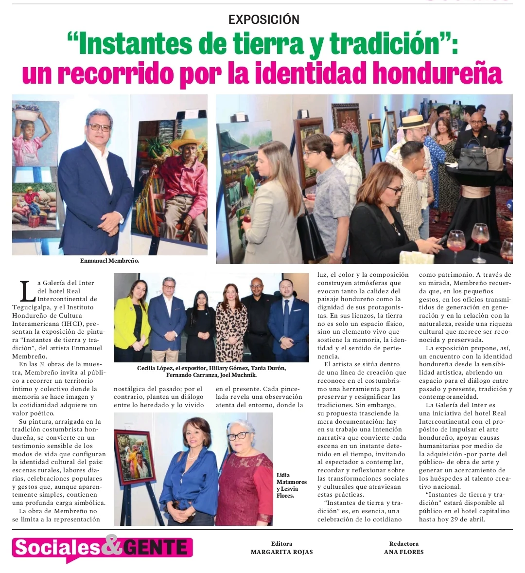 Recorte de prensa de la sección Sociales & GENTE con el artículo «Instantes de tierra y tradición»: un recorrido por la identidad hondureña, con fotografías de Enmanuel Membreño y de la exposición